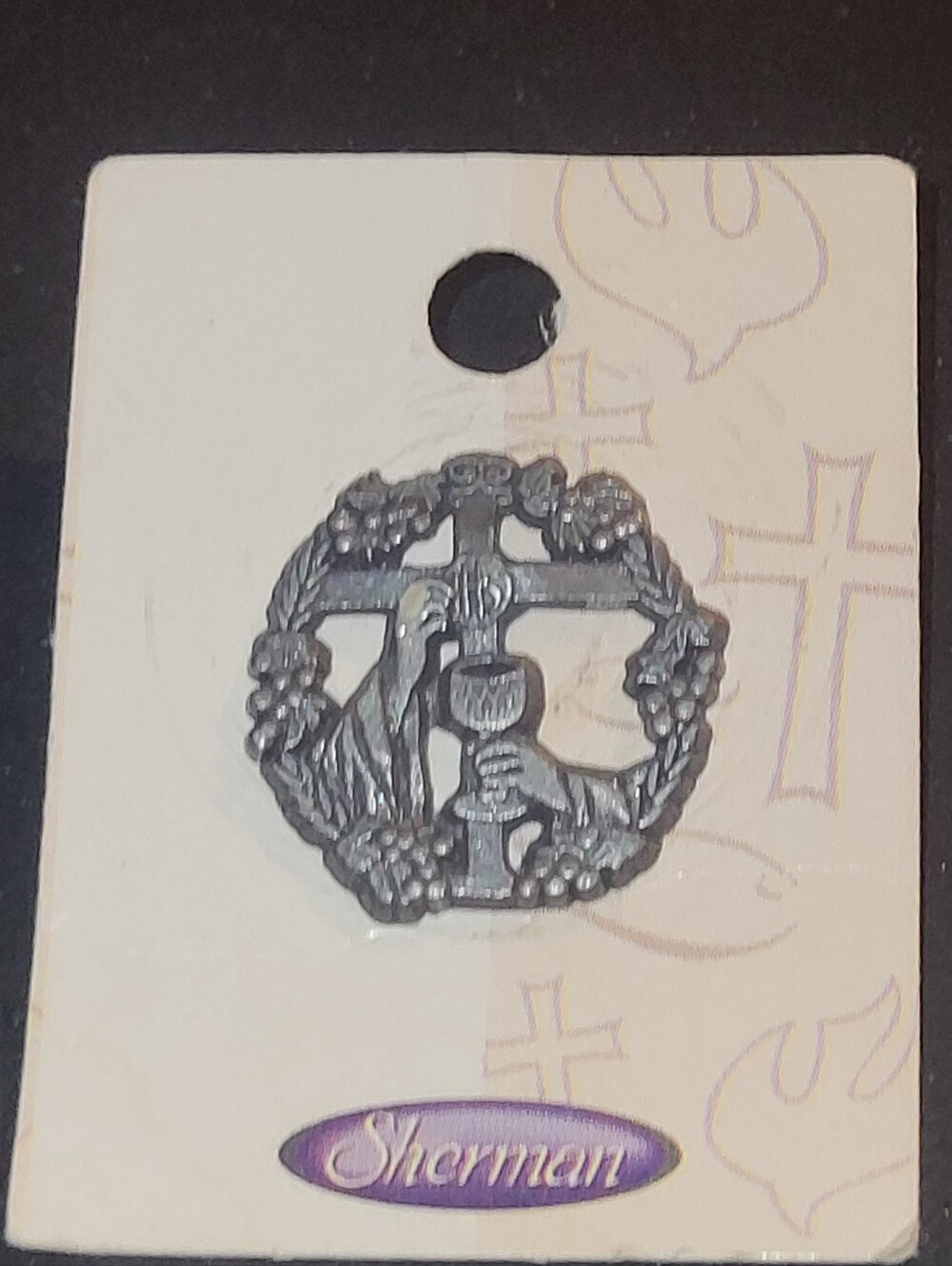 Vintage Sherman Motif Pewter First Holy Communion Lapel Pin with Original Card